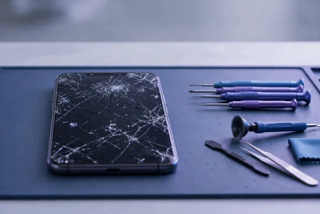 Display Reparatur Kosten 2026: Smartphone mit gesprungenem Display und Reparatur-Werkzeug auf der Werkbank