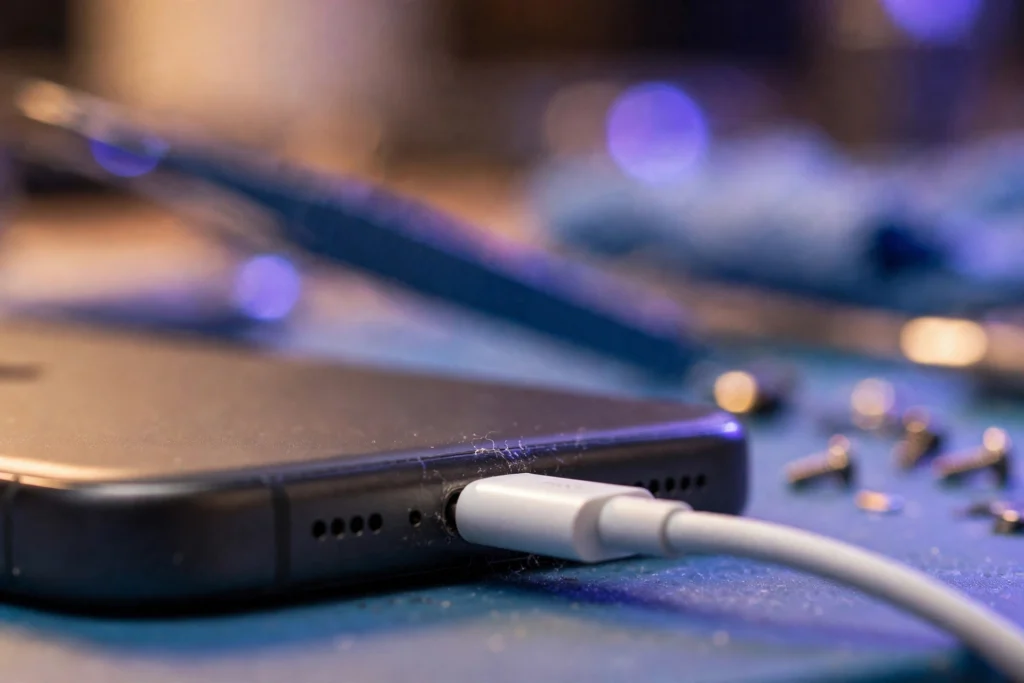 Ladebuchse defekt: USB-C-Ladeanschluss eines Smartphones mit eingestecktem Ladekabel – typische Symptome einer defekten Ladebuchse